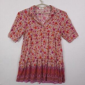 Natural Life Dress Womens Large Pink Orange Floral Boho Short Sleeve Tunic